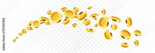 Realistic gold coins png. Explosion of gold coins png. Gold coins fall from the sky. Victory, easy money.