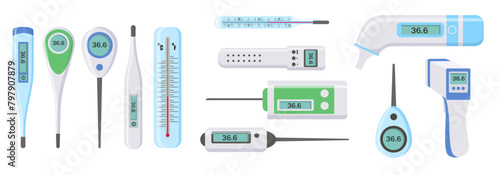 PNG, Electronic thermometers, infrared, liquid, measuring body temperature, food, environment. Set of medical thermometers for hospital during coronavirus. Health and diseases concept. Vector illustra