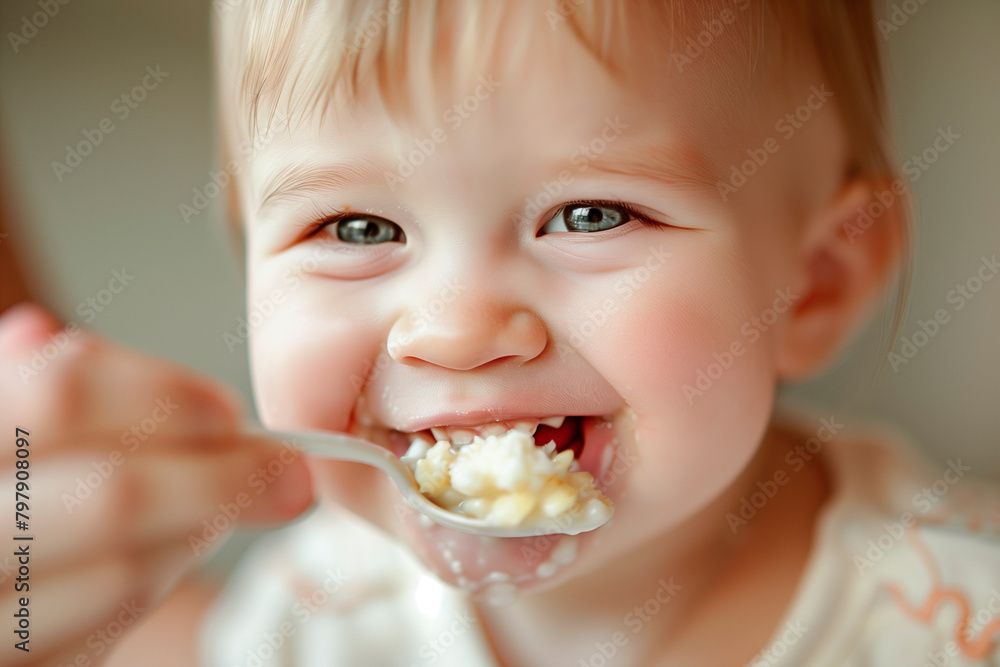 Mother feeding smiling baby milk porridge from spoon Mother feeding smiling baby milk porridge from spoon