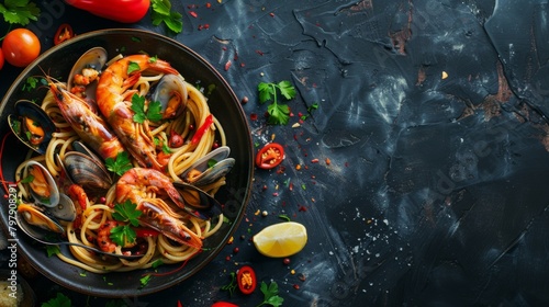 delicious appetizing Fresh Spaghetti with Spicy Mixed Seafood on dark background.Space for text. Overhead. Dark rustic wooden table. Dinner with pasta