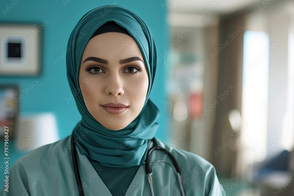 Attractive Muslim doctor, confident smile. Modern, modest hijab, traditional clothing. Portrait of Attractive Muslim doctor, confident smile. Modern, modest hijab, traditional clothing. Portrait of