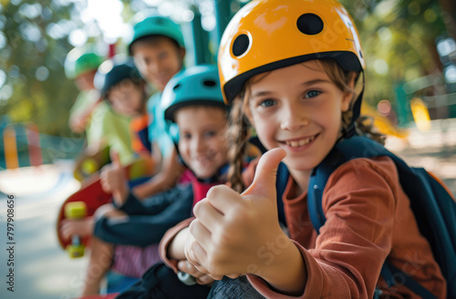 Smiling children with skateboards and helmets on their heads sitting at the edge of an outdoor skatepark