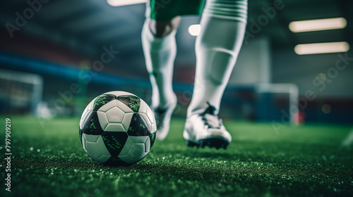 Soccer player scored a spectacular goal with a powerful kick in the stadium, electrifying the crowd and securing a crucial win for their team in the game. soccer, player, field, stadium, ball, goal