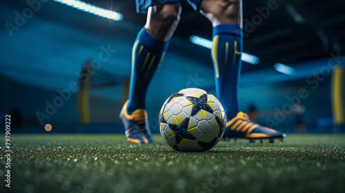 Soccer player scored a spectacular goal with a powerful kick in the stadium, electrifying the crowd and securing a crucial win for their team in the game. soccer, player, field, stadium, ball, goal