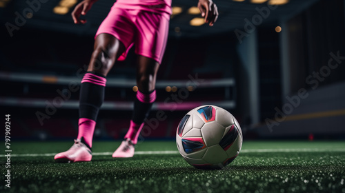 Soccer player scored a spectacular goal with a powerful kick in the stadium, electrifying the crowd and securing a crucial win for their team in the game. soccer, player, field, stadium, ball, goal