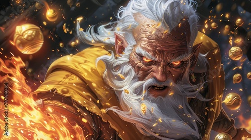 A fantasy character portrait of an old wizard with white hair and beard, swirling fire around him, golden orbs floating in the background