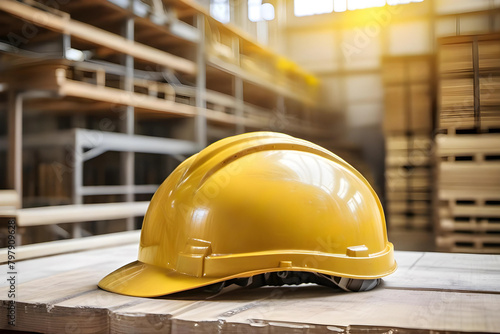 A Yellow protective safety helmet lays on the floor of the warehouse, with wood palettes in the background photo