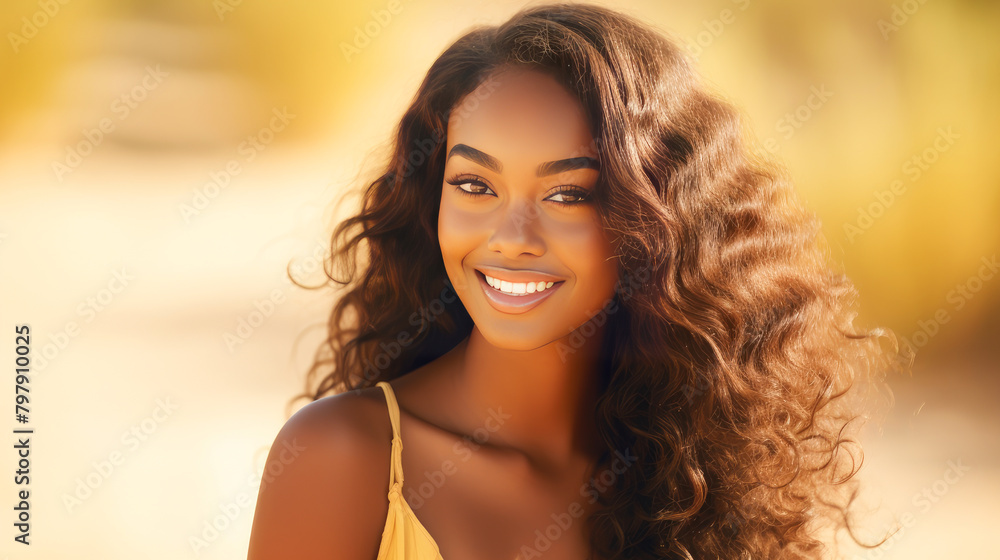 Beautiful, sexy, happy smiling dark-skinned African American woman with perfect skin and long hair, on a yellow background, banner. Beautiful, sexy, happy smiling dark-skinned African American woman with perfect skin and long hair, on a yellow background, banner.