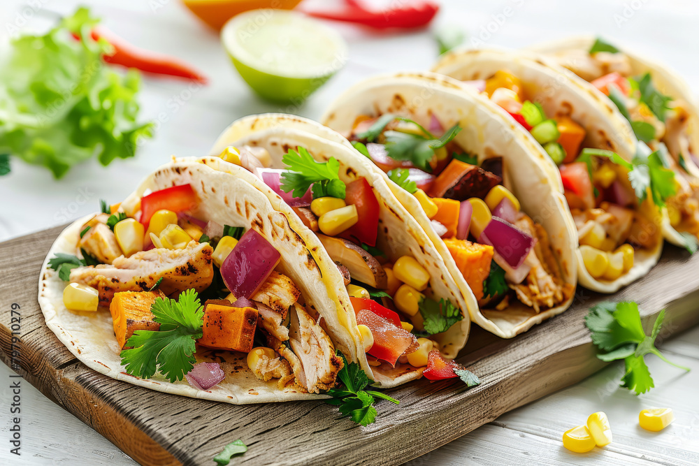 Colorful tacos with chicken, sweet potato and corn on a wooden board - obrazy, fototapety, plakaty 