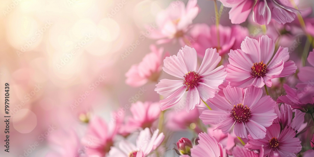 Beautiful pink cosmos flowers with bokeh effect on sunlit background in nature garden