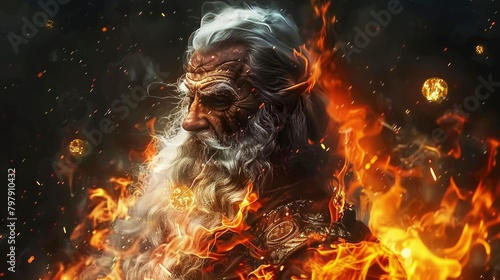 A fantasy character portrait of an old wizard with white hair and beard, swirling fire around him, golden orbs floating in the background