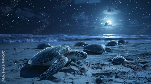 A group of sea turtles nesting on a sandy beach, their flippers tirelessly digging into the sand as they lay their eggs under the moonlight.