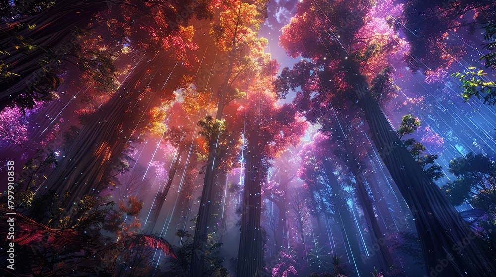 Capture an enchanting forest realm with towering tree canopies in vibrant colors, blending futuristic technology seamlessly Utilize a 360-degree panoramic format for an immersive experience