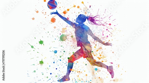 Watercolor volleyball player silhouette, abstract sports art.