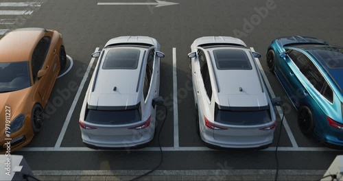 Generic electric car charging at station dock point in parking lot near shopping or office building. 3D animation of city street power hub providing eco-friendly sustainable supply for EV vehicle