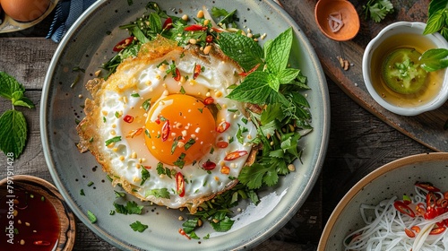 A plate of Vietnamese-style crispy fried eggs served with fish sauce and herbs, showcasing the vibrant flavors of Southeast Asian cuisine.