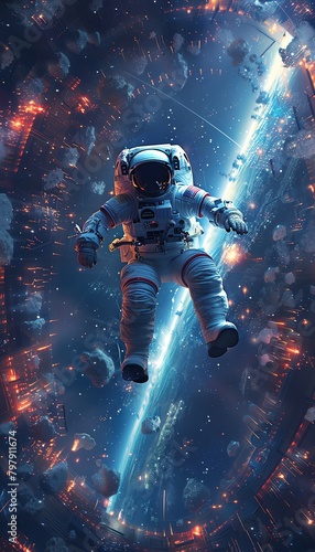 Visualize an astronaut floating through a dreamlike void  illuminated by ethereal light sources that blend seamlessly with the digital realm  creating a mesmerizing fusion of technology and imaginatio