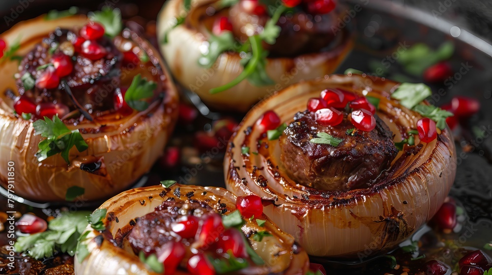 Onions filled with flavorful lamb and juicy pomegranate seeds. Onions filled with flavorful lamb and juicy pomegranate seeds.