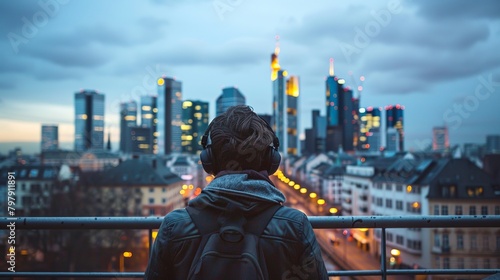 Man wearing headphones while standing in front of the Frankfurt skyline in Germany. photo