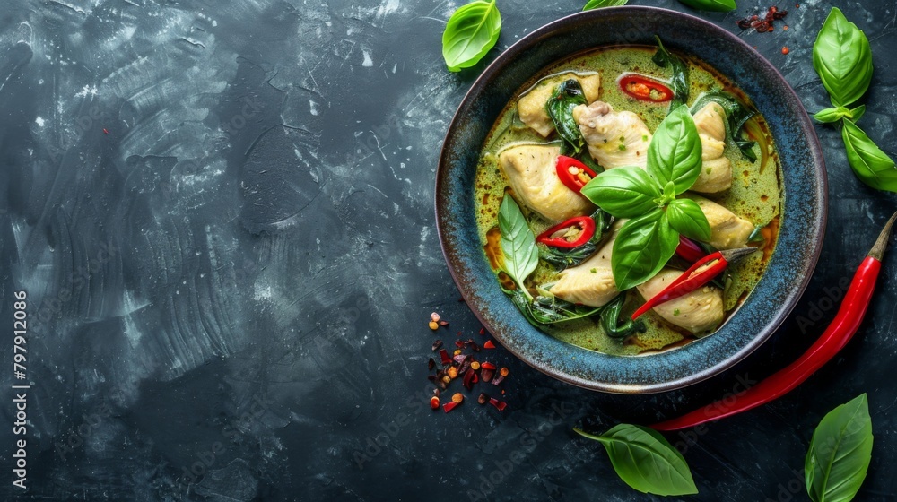 Green curry with chicken in bowl on dark background. Traditional Asian food. Top view, flat lay, copy space, panorama Green curry with chicken in bowl on dark background. Traditional Asian food. Top view, flat lay, copy space, panorama