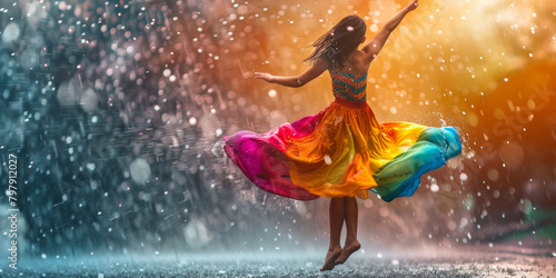 A girl in a bright multi-colored dress dances in the rain on the street.