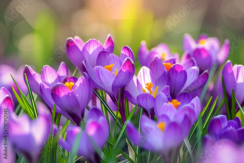 Stunning purple crocus flowers in full bloom, heralding the arrival of spring