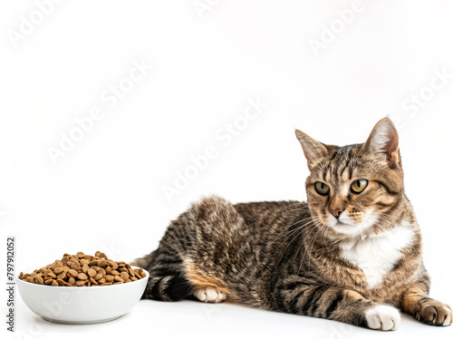 A gray cat lies near a bowl of dry food on a white background. Advertising banner layout for a pet store or veterinary clinic.
