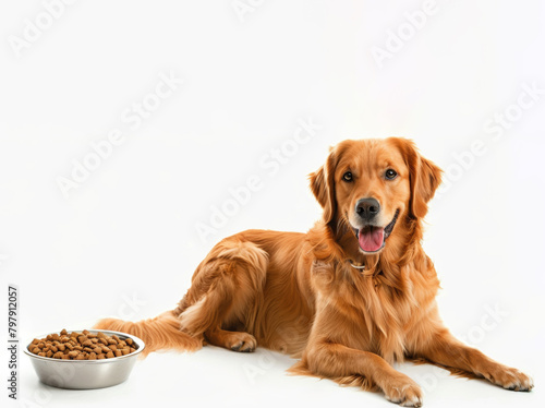 Golden retriever dog lies near a bowl with dry food on a white background. Advertising banner layout for a pet store or veterinary clinic.