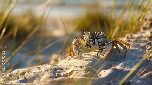 A solitary crab perched on a sandy dune overlooking the vastness of the beach, its claws raised in a defensive posture as it surveys its surroundings. photo