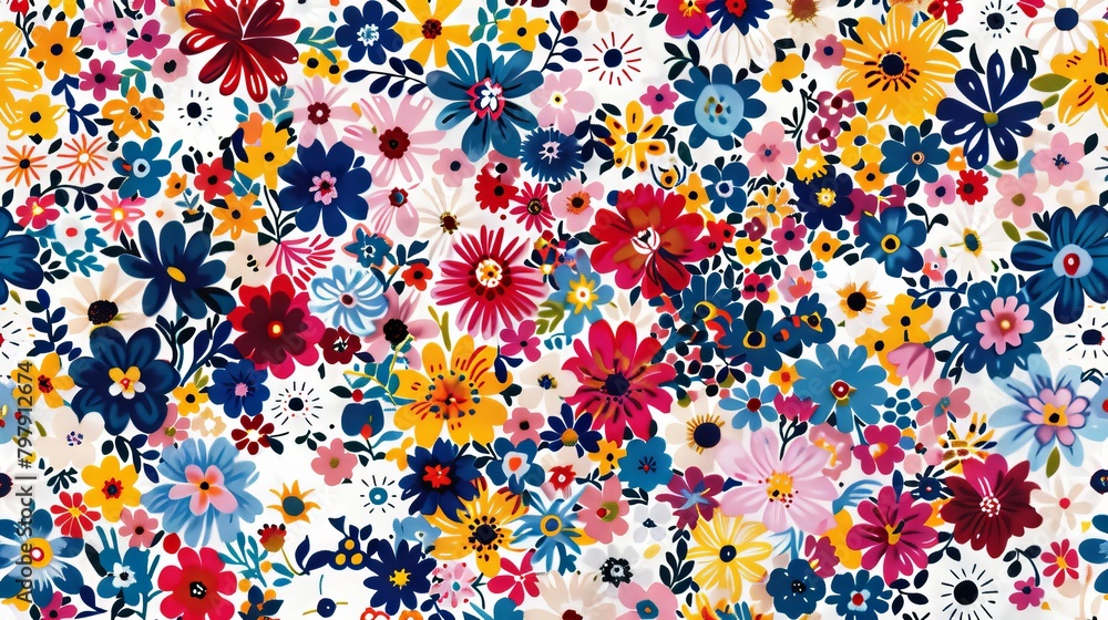 Multicolored floral pattern with small and large flowers in various colors on a white background. Perfect for textile printing.