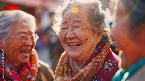 Elderly women laughing and smiling with friends in the city, community living concept, healthy lifestyle of old people at the street market