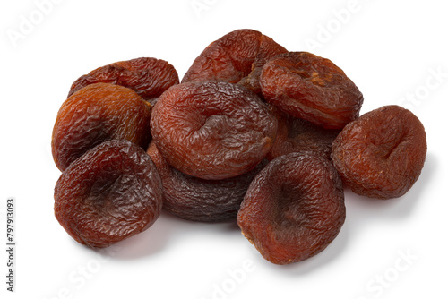 Heap of natural unsulphured sun dried Turkish apricots fruit isolated on white background close up © Picture Partners
