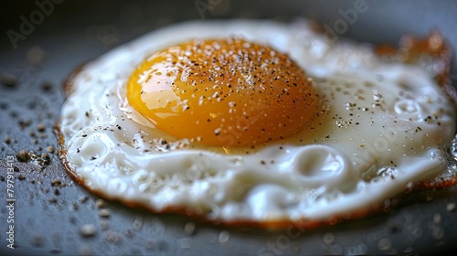 Close-up of a perfectly cooked sunny-side-up egg in a skillet, with a golden yolk and crispy edges, ready to be served for breakfast.