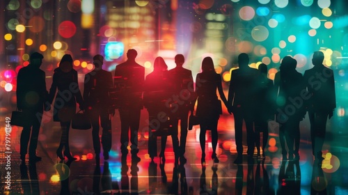 Group of business people outlines with lit background . Mixed media