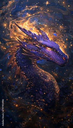 Illuminate a majestic dragon in rich, iridescent hues, casting captivating shadows beneath Showcase intricate scales against a swirling, cosmic backdrop, evoking wonder and awe © Amemage