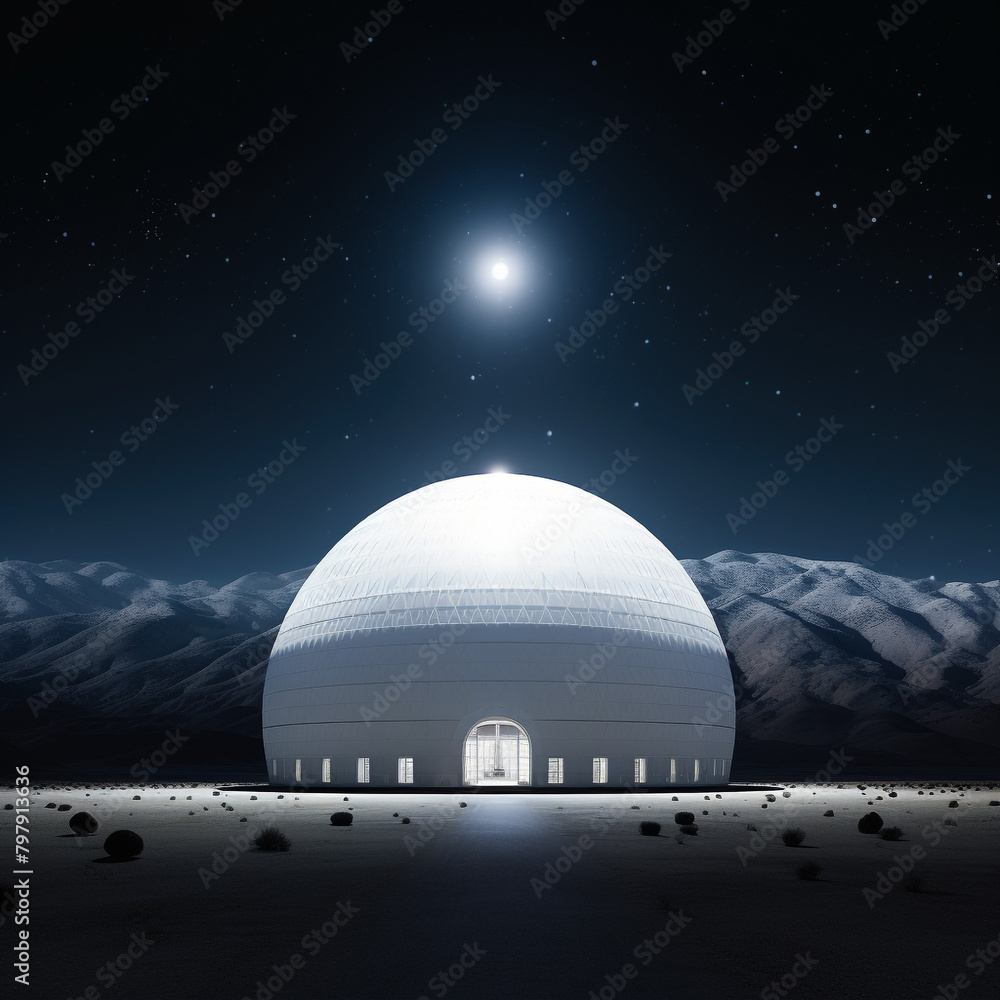 Obraz premium Illustration of a futuristic house, a large house in the shape of a white ball, designed for living high in the mountains. Unusual shape of a residential building. A very unusual background.