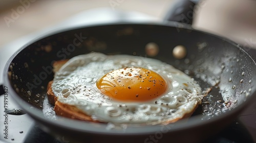 Close-up of a skillet with a fried egg cooking over medium heat, with a perfectly set white and a slightly runny yolk, ideal for topping toast. © chanidapa