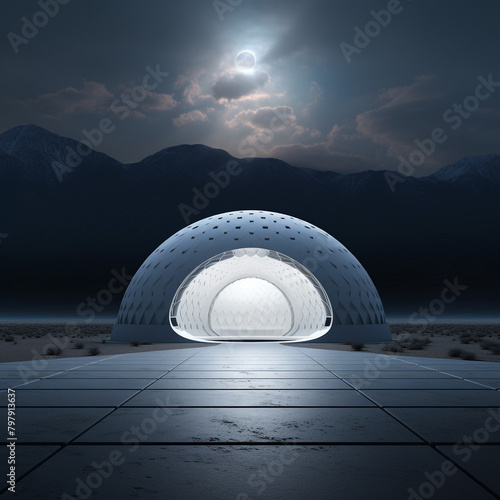 Illustration of a futuristic house, a large house in the shape of a white ball, designed for living high in the mountains. Unusual shape of a residential building. A very unusual background. photo