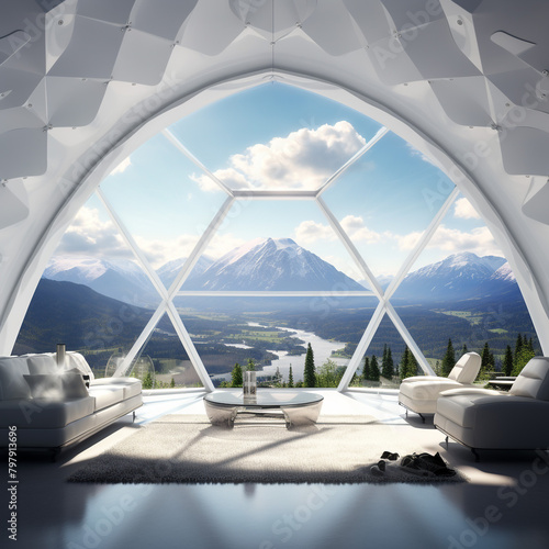 Illustration of a futuristic house, a large house in the shape of a white ball, designed for living high in the mountains. Unusual shape of a residential building. A very unusual background. photo