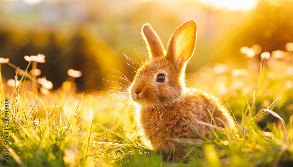 Fototapeta premium Cute bunny on spring grass, sunny bokeh on background. Generative AI.