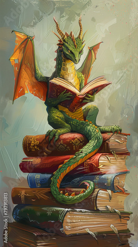 Dragon, illustration and fantasy or reading book, animation and library for study and education learning. Storytelling, knowledge and children genre or fiction, literature and novel for imagination