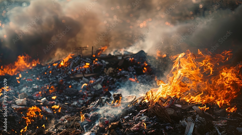 Close-up of flames and smoke billowing from a controlled burn of waste materials, highlighting the challenges of managing solid waste disposal. Close-up of flames and smoke billowing from a controlled burn of waste materials, highlighting the challenges of managing solid waste disposal.