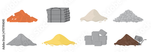 PNG, Set of building material piles (sand, stones, cement, crushed stone, brick, gypsum). Building material piles. Vector illustrations can be used for construction sites, works, industry