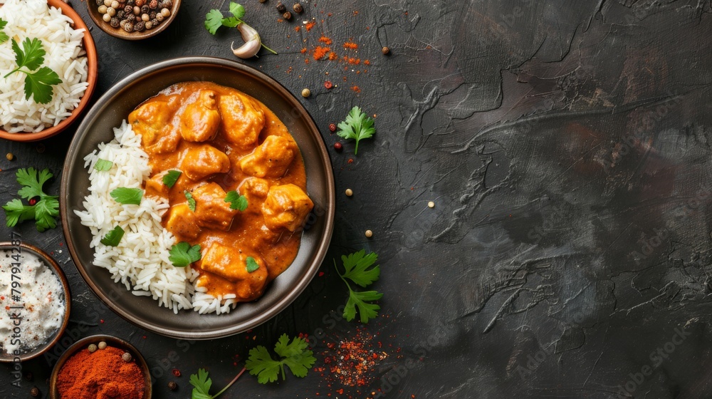 Indian butter chicken curry with basmati rice on dark background. Traditional homemade food concept. copy space