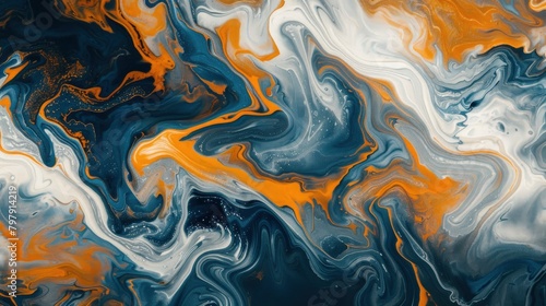 An abstract background with swirling patterns of orange, white and dark blue paint, resembling the landscape of an alien planet, showcasing fluid lines and intricate details in a surreal composition