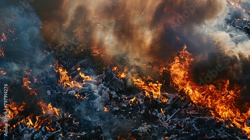 Close-up of flames and smoke billowing from a controlled burn of waste materials, highlighting the challenges of managing solid waste disposal.