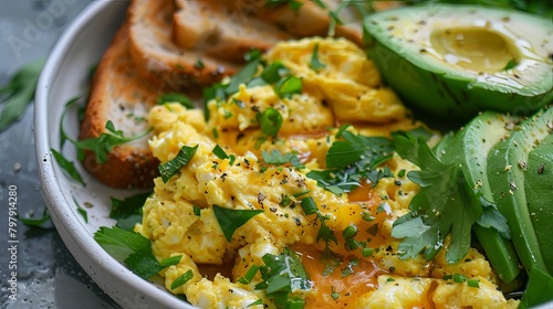 Close-up of fluffy scrambled eggs mixed with fresh herbs and cheese, served with toast and avocado slices for a nutritious morning meal.