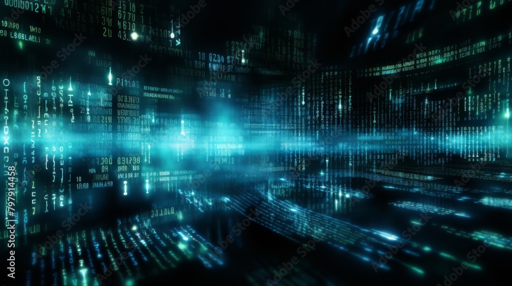 A conceptual image showcasing streams of binary data moving through a blue-hued digital space