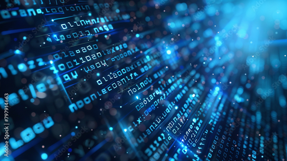 A futuristic digital background with elements of data technology and cyber security, such as holographic interfaces or binary code. 