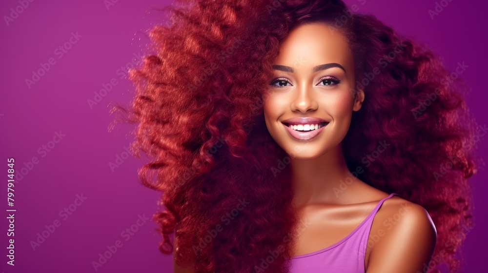 Fototapeta premium Beautiful, sexy, happy smiling dark-skinned African American woman with perfect skin and red hair, on a purple background, banner.